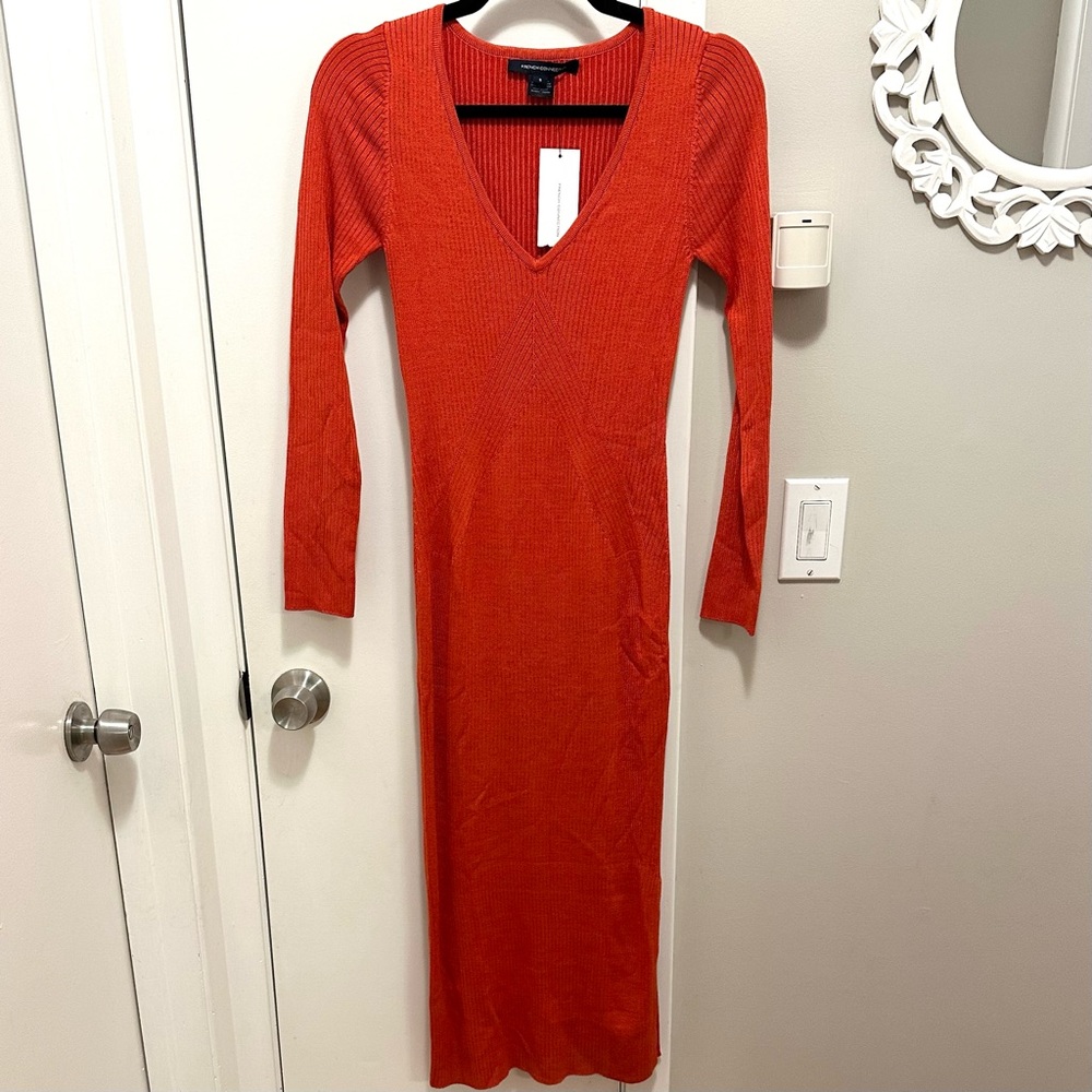 French Connection Mandarin Red Fitted Mari Knit Maxi Dress S Stretch Ribbed NEW